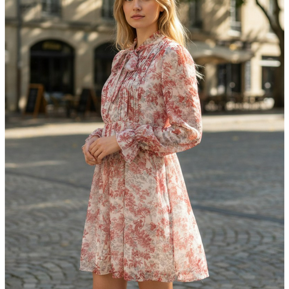 The Kooples Sheer Silk Floral Dress Size XS Pleats Ruffles Romantic Ethereal